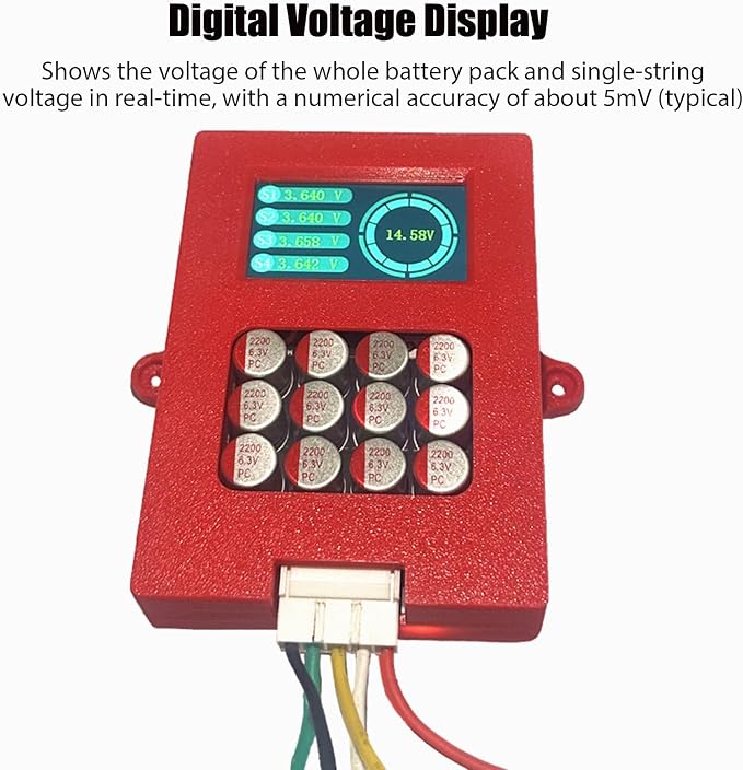 5A 4S LiFePo4 & NCM Active Battery Balancer, 12V, 0-5.5A Adaptive, Digital Voltage Display (DS0855), Red, Type A/B Plug