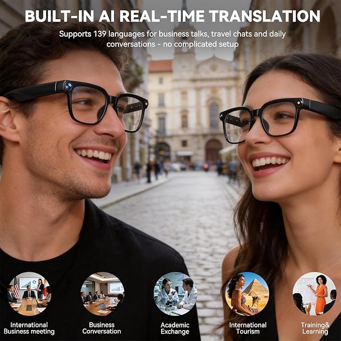 AI Smart Glasses with Camera,8MP Camera Glasses,1080P Anti-Shake Video Recording, Real Time Translation,AI Voice Assistant,Object Recognition,Bluetooth Sunglasses for Men Women(Transparent Lenses)