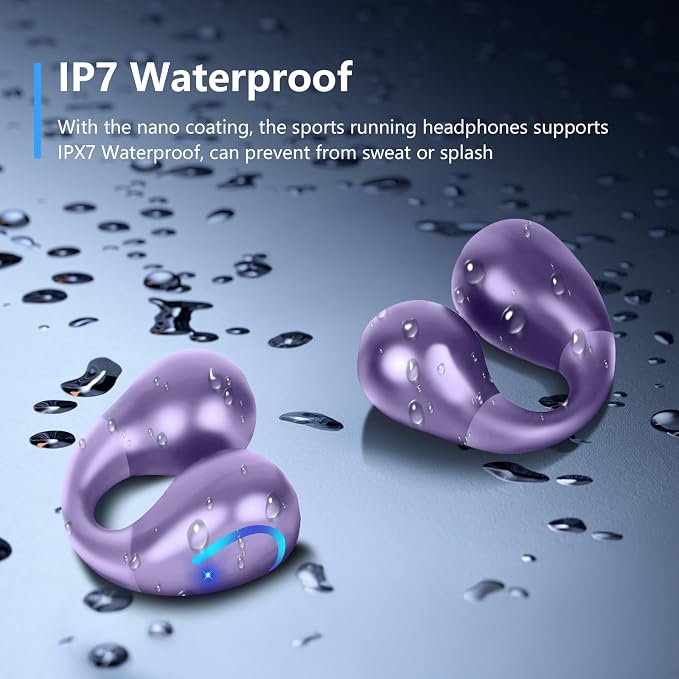 Ultra Open Ear Headphones Bluetooth 5.3 Wireless Bone Conduction Clip On Earbuds with Digital Display Charging Case 60 Hours Playtime Sport Earphones IPX7 Waterproof for Running Fitness Purple