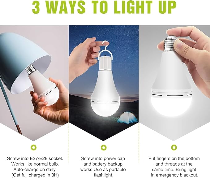 Neporal 4 Pack Emergency-Rechargeable-Light-Bulb, Stay Lights Up When Power Failure, 1500mAh 15W 80W Equivalent LED Light Bulbs for Home, Camping, Tent (E27, with Hook) (Daylight)
