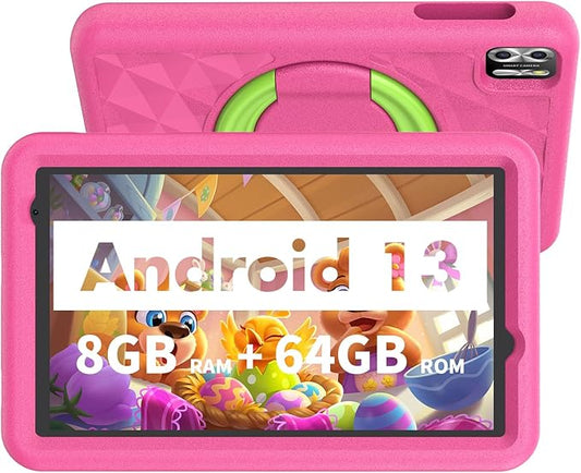VASOUN Kids Tablet 8 inch, Android 13, 8GB(4gb+4gb Expand) RAM 64GB ROM, Toddler Tablet with Bluetooth, 5G WiFi, Kids App Pre-Installed, EVA Shockproof Case (Pink)