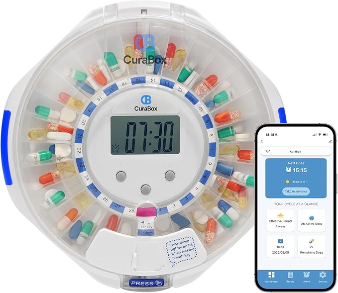 Automatic Pill Dispenser for Elderly with Alarm - 28 Day Smart Pill Box for Alzheimer’s Care, Easy-Read LCD Display, Key Locked, Alarm & Light Reminder for Medication, Vitamins, Supplements