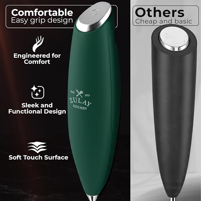 Zulay Kitchen Powerful Milk Frother Wand With Duracell Batteries - Ultra Fast Handheld Drink Mixer - Electric Whisk Foam Maker for Coffee, Lattes, Cappuccino & Matcha - Triple Whisk - Moss Green
