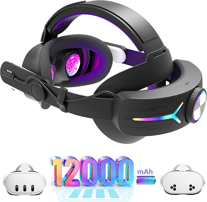 Head Strap for Meta Quest 3/3s Accessories Upgraded RGB Lighted with Battery 12000mAh, Quick Charge for Extended Playtime, to Reduce Facial Stress, Adjustable Elite Strap, (Black-1)