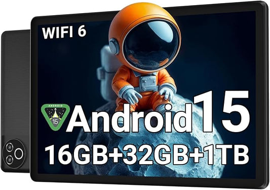 Android 15 Tablet 10 Inch, 16GB RAM 32GB ROM 1TB Expandable, Fast WiFi 6 & BT 5.4 Tablets 5-Core, HD IPS Touchscreen, 8H+ Battery, Dual Camera Tablet for Kids & Adults, Streaming, Gift (Space Black)
