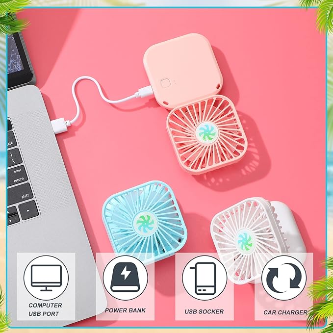 Hortsun 12 Pcs Mini Handheld Fan Bulk Portable Personal Neck Fan Small Foldable Hands Free with USB Rechargeable Gifts for Travel Summer Concerts Vacation Outdoor 3 Speed(Blue, Pink, White)