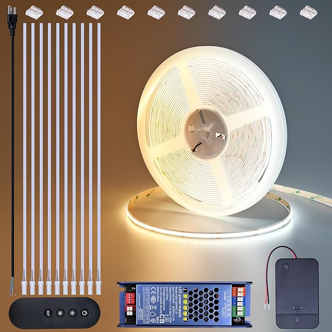 BENLUN 24V CCT COB LED Under Cabinet Strip Lighting 32.8FT, 3000K 4000K 6000K Cuttable LED Tape Light CRI 93 with Remote Controller and Power Supply for Kitchen Bookcase Shelf Display Room