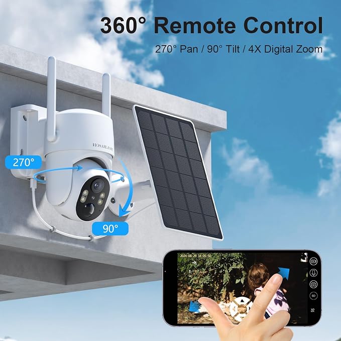 HOSAFE.COM Outdoor Security Camera Wireless, Free Cloud Storage, 360° PTZ Remote Wireless Cameras for Home Security Solar Powered, 2K Solar Security Camera with Spotlight Color Night Vision, 2 Pack