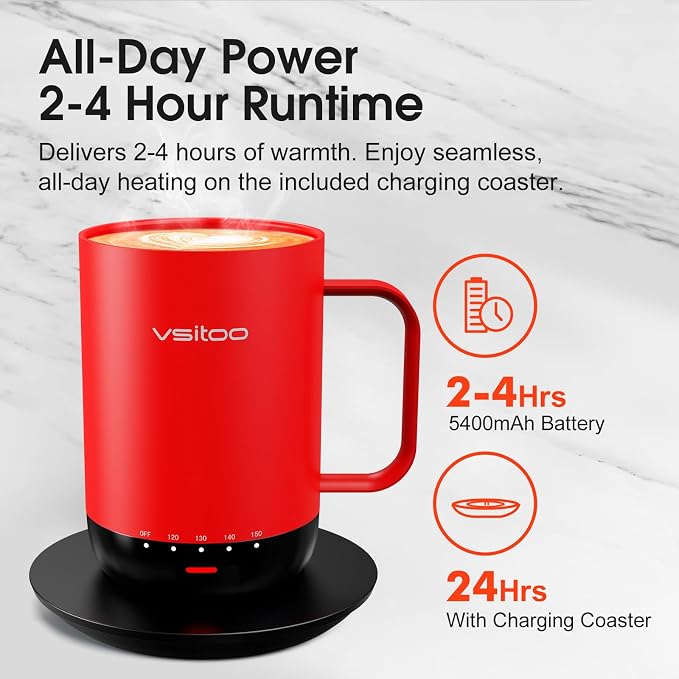 Vsitoo S3 Pro 16oz Self Heating Coffee Mug with AI Auto-Sensing, Smart Rechargeable Heated Mug Warmer 120-150℉, IPX7 Waterproof Temperature Control, Gift for Men Women - Red