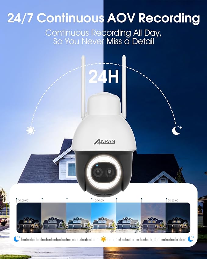 ANRAN AOV 24/7 Recording Solar Security Camera Outdoor,5MP WiFi Surveillance Wireless Cameras with 360° View, AI Auto Tracking, Color Night Vision, Compatible with Alexa