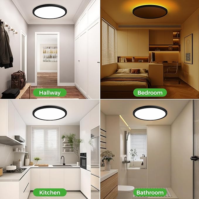 zemty 12 Inch LED Ceiling Light with Night Light 1800K, 3000K/4000K/6500K Dimmable Light Fixtures with Remote Control,24W 2400lm Low Profile Ceiling Lamp for Bedroom LivingRoom Kitchen-Black