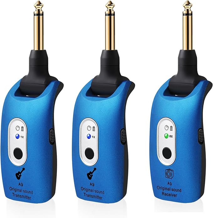 A9 Wireless Guitar System 2.4GHz Wireless Guitar Transmitter and Receiver, Rechargeable,4 Channels, 100FT/30m Range,270° Rotatable Plug,for Electric Guitar Bass (Blue(2TX+1RX))