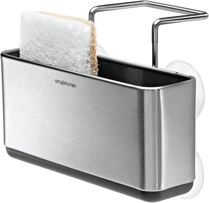 simplehuman 8 oz. Touch-Free Sensor Liquid Soap Pump Dispenser with Soap Sample, Brushed Nickel and simplehuman Slim Sink Caddy Sponge Holder, Brushed Stainless Steel