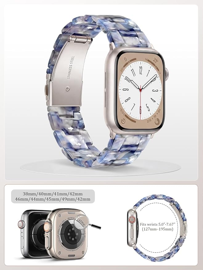 V-MORO Resin Bands Compatible with Apple Watch Series 11/10/9/8/7 Band 45mm 46mm Starlight Buckle Lightweight Fashion Strap Bracelet for iwatch Series SE/6/5/4/3/2/1(Pearlized Blue,42/44/45/46/49mm)