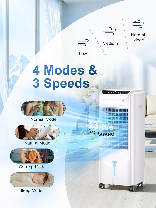 Uthfy Evaporative Air Cooler with 4 Modes, 3 Speed, 4.2 Gal Water Tank, 32" Swamp Cooler with 4 Ice Packs, 120° Oscillation, Remote, 12 H Timer, Portable Air Conditioner for Large Room, Office