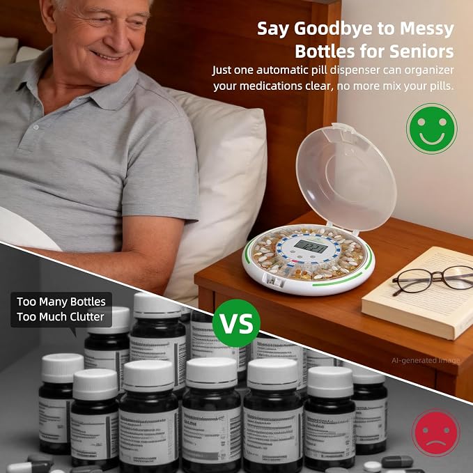 EziMedPil Automatic Pill Dispenser with Alarm for the Elderly | 28-Day Clear Lid & LCD Display Monitoring Pill Organizer with Sound-Light Reminders, 6 Daily Alarms & Lock Design for Pills