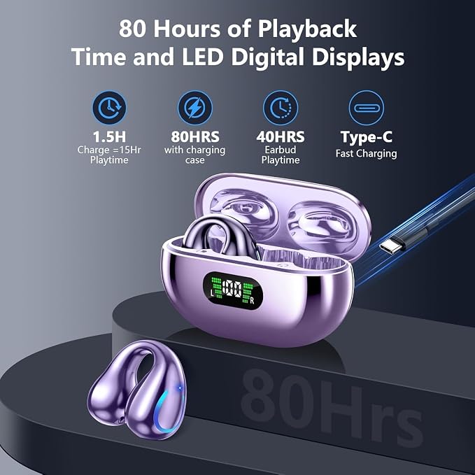Open Ear Bone Conduction Headphones, Bluetooth Lightweight Clip On Earbuds Comfort with Digital Display Charging Case Sport Earphones Built-in Mic IPX7 Waterproof for Running Fitness Exercise, Purple