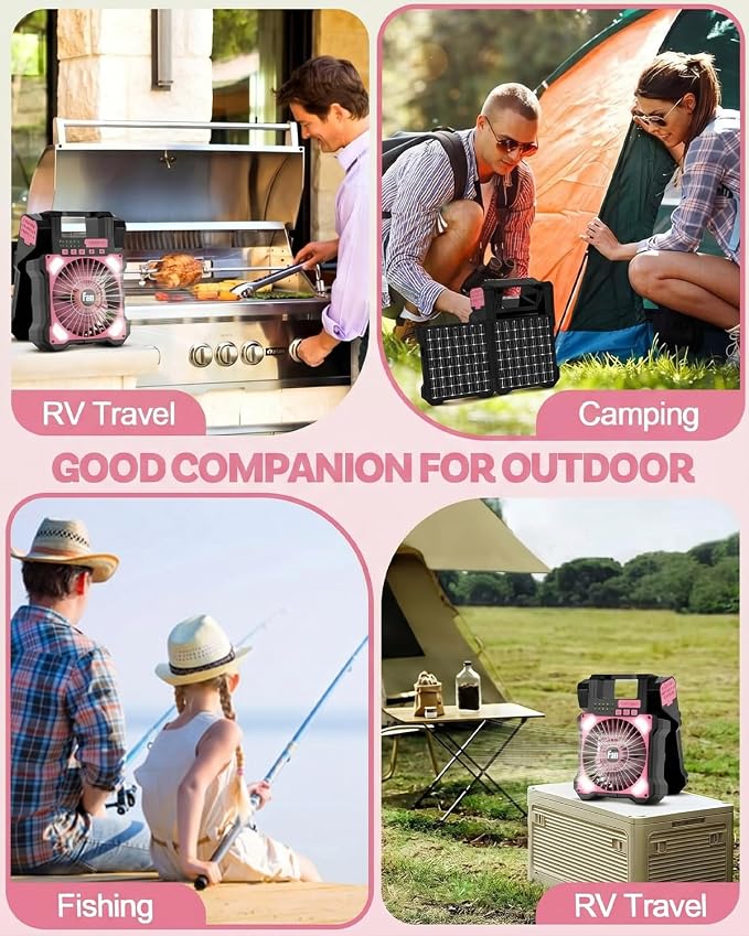 22000mAh Camping Solar Fan, Dual-Panel Rechargeable Solar Powered Fan with LED Light, 5 Adjustable Speeds Battery Powered Portable Fans, USB-C Fans for Travel Tent Home Camping Accessories