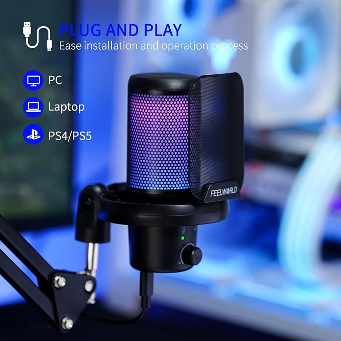 FEELWORLD VM1 Gaming PC USB Microphone Condenser Mic with Noise Cancellation Mute RGB Light, Computer Accessories Gifts for Gamer YouTube Twitch Podcast Streaming Recording Online Chat PS4 PS5