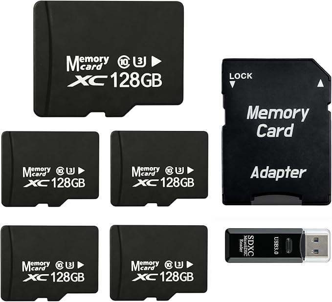 5-Pack 128GB Micro SD Card for Dash Cam, Security Camera, Retro Gaming, with USB-A 3.0 Reader & SD Adapter, U3 V30 A1 Class 10