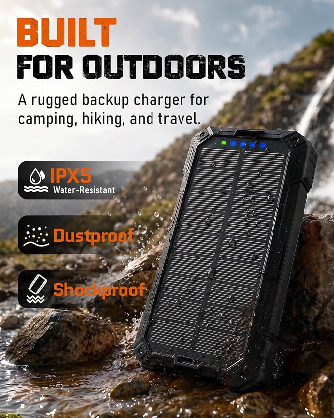 Solar Charger Power Bank - 49800mAh Solar Phone Charger with USB-C in/Output, QC 3.0 Fast Charging with LED Flashlight, Built-in 4 Cables, IP65 Waterproof Fits for Outdoor (Black)