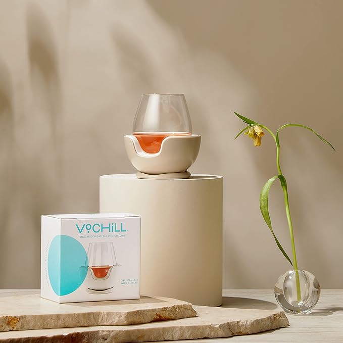 VoChill Stemless Wine Glass Chiller | Keep the Chill In Your Glass | Made In USA | Separable & Refreezable Chill Cradle | Actively Chills Stemless Glassware | Stone, Single Stemless