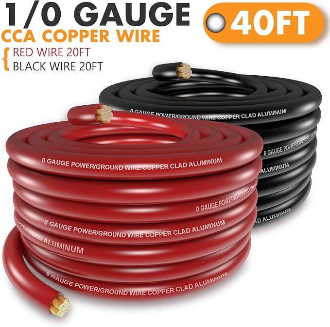 Jeemiter 0 Gauge Wire Copper Clad Aluminum (20ft Each - Red/Black),1/0 Battery Cable,20Pcs Lug Terminal Connectors with 3:1Heat Shrink Tubing for Car Audio Speaker,Solar,Auto,Amp,RV & Marine