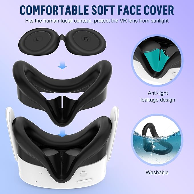 Silicone Cover Set Compatible with Meta/Oculus Quest 3s Accessories, Silicone Face Cover, Controller Grip Cover, Camera Lens Protector, VR Shell Cover, Protective Lens Cover, Not Fit Quest 3