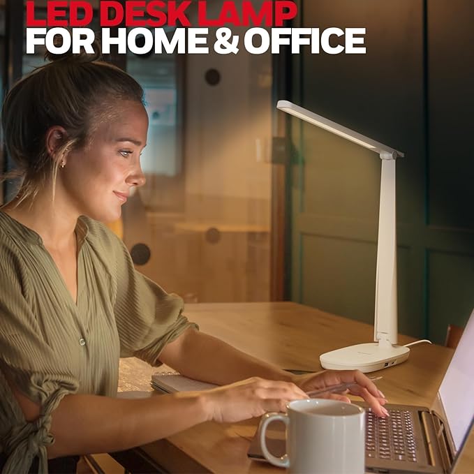 Honeywell HWT-H2 LED Desk Lamp for Home Office, CRI94 Full Spectrum Eye-Caring Light, Dimmable Table Lamp with USB-A & USB-C Charging Ports, Foldable Touch Control Reading Lamp, White