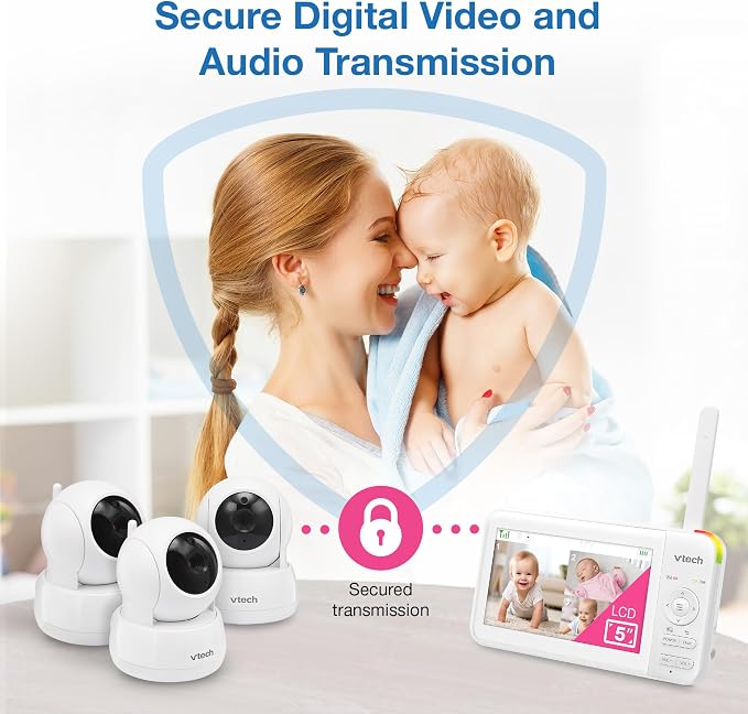 VTech Baby Monitor No WiFi, 3 Cameras White – Monitor Three Rooms, Remote Pan-Tilt-Zoom, Hack-Proof, 5" Screen, 17Hr Battery, 1000ft Range, Night Vision, Temperature Sensor | 924-3W