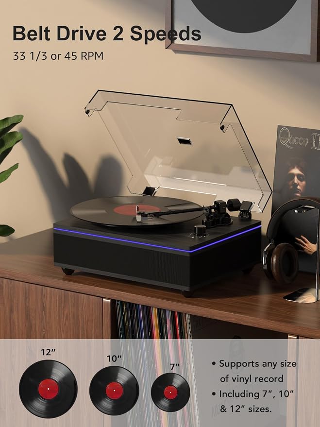 Record Player with Built in Speakers Bluetooth 5.3 Turntable Belt Drive 2-Speed Turntables for Vinyl Records High Fidelity Records Player with Magnetic Cartridge AT-3600L, Cool Light Strip, Black