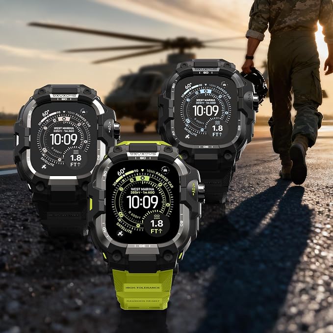 BXUXOHS Rugged Case and Band for Apple Watch Ultra 3/2/1 49mm Men, Military Grade Shockproof Bumper Cover, with 2 Pack Screen Protector, Tactical Band Case for iWatch Ultra 3 2 1 Man, Green