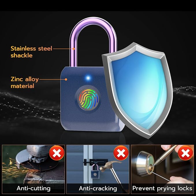 Pothunder Fingerprint Padlock, Smart Padlock, Locker Lock, Biometric Metal Keyless Fingerprint Lock, USB Rechargeable, for Gym Locker, Luggage, Backpack(Blue)