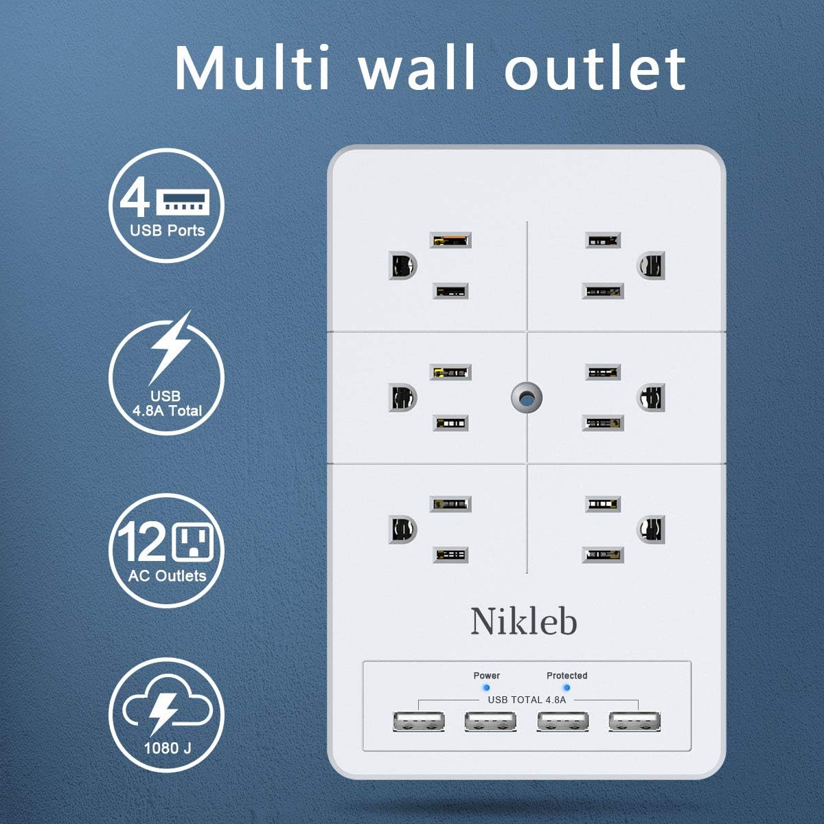 Multi Plug Outlet Surge Protector Nikleb, 12 Electrical Outlets Extender with 4 USB Charging Ports Total 4.8A, Wall Plug Expander 3 Prong for Room, Office, Gaming, Cord Organizer Accessories