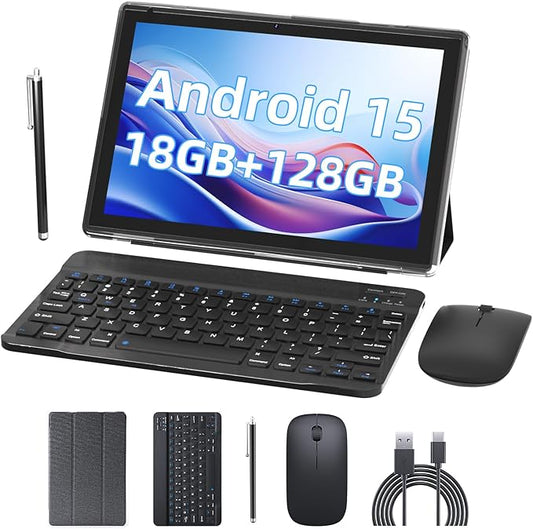PEICHENG Android 15.0 10Inches Tablet, 18GB RAM+128GB ROM+2TB Expandable, Tab Set with Keyboard/Case/Mouse/Stylus, 2.0GHz Quad-core Processor, 1280 * 800 IPS HDScreen, 5G WiFi6 BT 5.0 (Black)