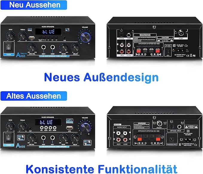 AK55 Stereo Amplifier Home Audio, Bluetooth 5.0 Max 600W Power Stereo Receivers 2.0 Channel Audio Amplifier for Speaker W/Remote Control/AUX/RCA/Echo/USB/2 MIC in for Home Party, Karaoke