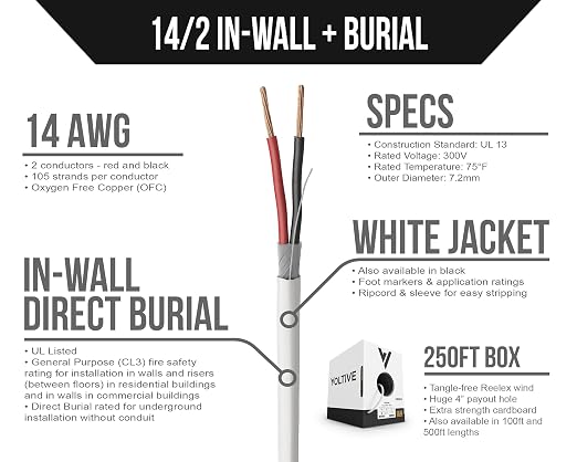 Voltive 14/2 Speaker Wire, in-Wall CL3 & Direct Burial, White, 250ft - 14AWG, 2 Conductors, Stranded Oxygen-Free Copper, UL Listed - V-1208-4