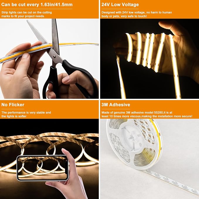 PAUTIX White LED Strip Lights 3000K,Dimmable cob led 32.8ft/10m DC24V Warm White LED Strip Lights,High Lumen Tape Lights Kit,Work with Alexa/Google Assistant for Home, Kitchen DIY Lighting