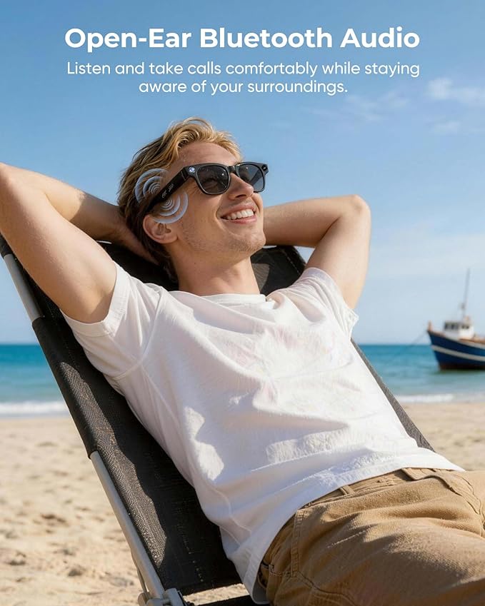 AI Smart Camera Glasses, 1080P HD Video + 8MP Photo, Bluetooth Open Ear Music & Calls, Interchangeable Sunglasses/Clear Lenses, No Subscription, for Travel & Vlogging