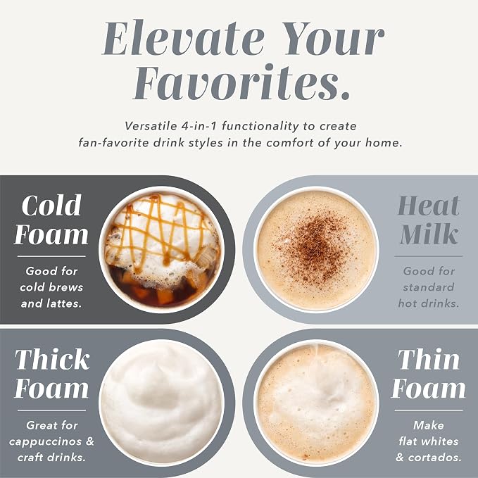COOK WITH COLOR 4-in-1 Electric Milk Steamer and Frother - 2-Minute Heating and Frothing, Hot and Cold Foam Maker for Coffee, Latte, Cappuccino, Macchiato, Milk Warmer, Auto Shut Off, Grey