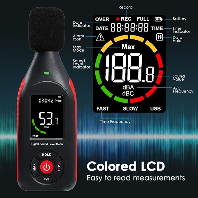 Decibel Meter Sound Level Data Logger, Portable SPL Meter Noise Monitor with Data Logging & Graph Printing, A/C Weighted, Fast/Slow, MAX, Data Hold, 3-Color Alarm dB Meter for Noisy Neighbor Factory