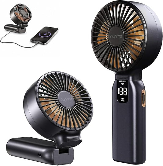 Funme Portable Handheld Fan, 10000mAh Personal Fan with Power Bank, 1-100 Speed Scroll Wheel Control, 46H Max Cooling&Storm Mode, LED Display, Metal Body, Foldable Desk Fan for Travel office, Pink