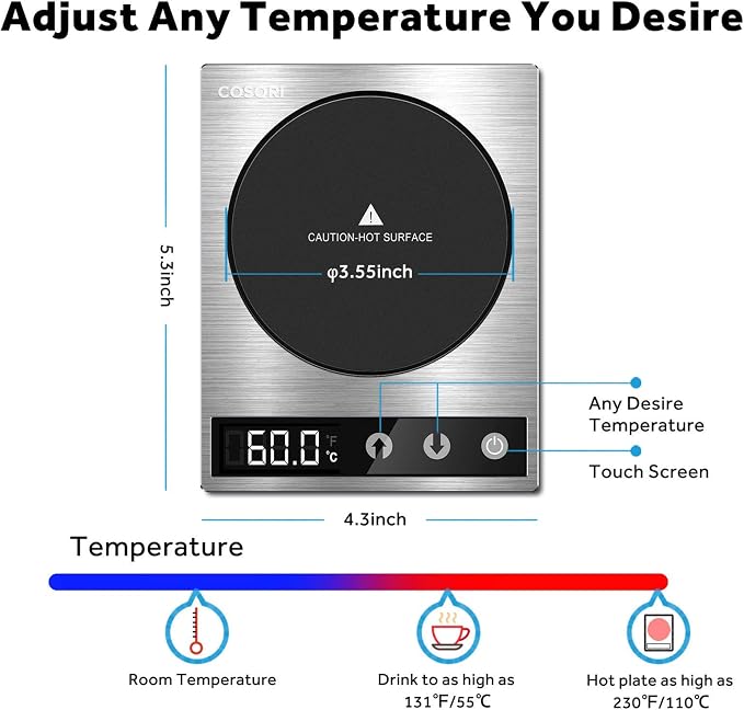 Cosori Coffee Mug Warmer & Mug Set for Desk, Cup Heater, Office, 1°F Precise Temperature Control, Touch Tech & LCD Digital Display (77-194℉), 304 Stainless Steel, Silver/Black