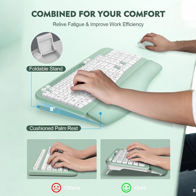 Wireless Keyboard and Mouse Combo, Full-Sized Ergonomic Wave Keys Keyboard with Memory Foam Wrist Rest & Phone Holder, 2.4G Quiet Keyboard Mouse Work Setup for PC Laptop, Office or Home (Mint Green)