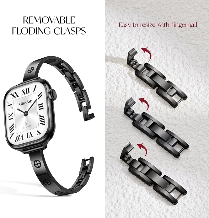 Missair Slim Bands Compatible with Apple Watch 38mm 40mm 41mm 42mm 44mm 45mm 46mm 49mm for Women, Thin Bracelet Dressy Designer Stainless Steel Metal Strap for iWatch Series 11 10 9 8 7 6 5 4 SE Ultra