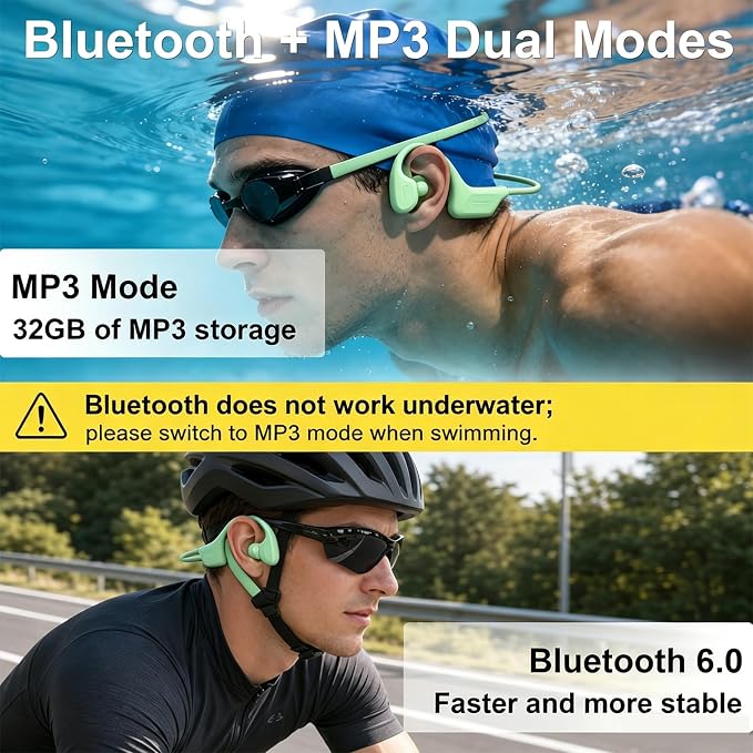 Swimming Headphones Underwater, Bone Conduction Swimming Headphones IPX8 Waterproof Open Ear Headphones with 32GB Built-in MP3, Bluetooth 6.0 Dual Mode, Dual Device Pairing, Magnetic Charging(Green