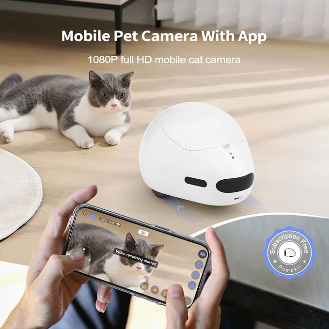 Cat Camera Robot with Laser & Treat Dispenser, Moving Pet Camera Robot for Dogs and Cats, Phone App Control, Auto Recharging, Night Vision, Two-Way Audio, Interactive LED Cat Toy, 2.4G WiFi