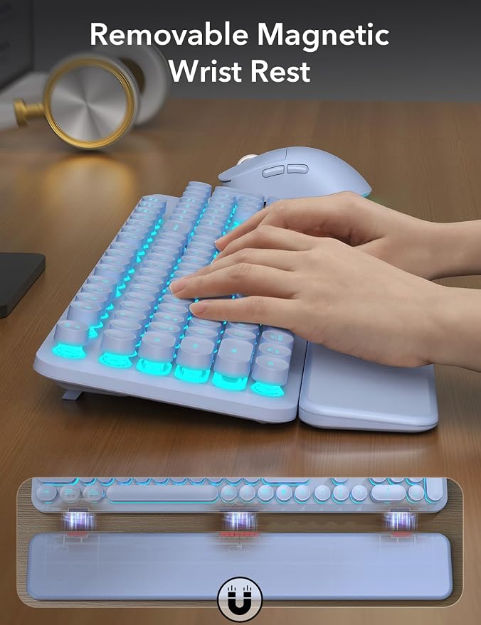 Wireless Keyboard and Mouse Backlit - Purple Typewriter Keyboard with Magnetic Wrist Rest, Retro Round Keycaps, Light Up Letters, 2.4GHz Cordless Combo for Windows, PC, Laptop, Trueque [Upgraded]