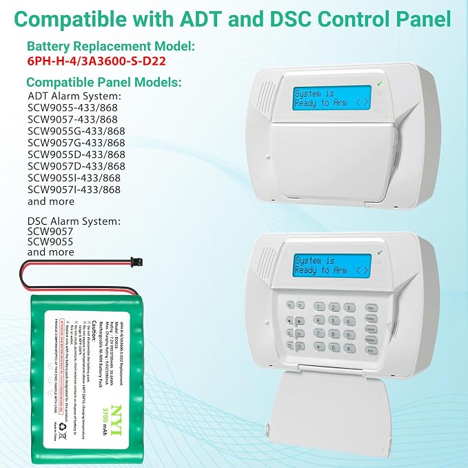 NYI Upgraded Replacement Battery with Tool for ADT SCW9057 SCW9055 and DSC Alarm System, 6PH-H-4/3A3600-S-D22 3700mAh 7.2V Rechargeable Ni-MH IMPASSA 9057 Control Panel (2 Pin Connector)