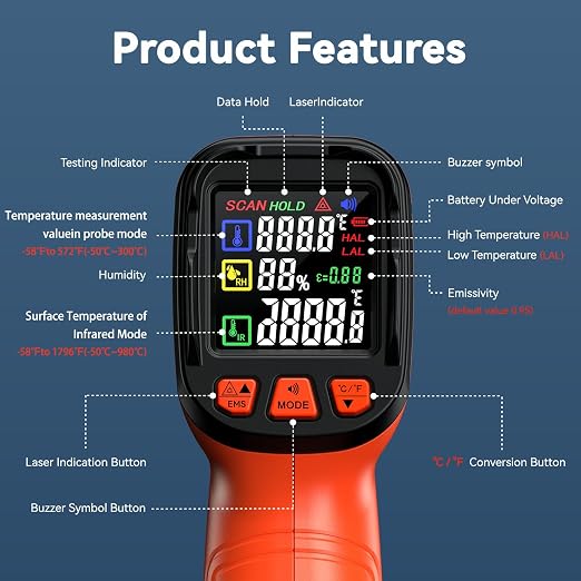 Infrared Thermometer Gun, Include K-Type Probe for Humidity, -58°F to 1796° F Digital Laser Temperature Gun for Cooking, 16:1 IR Temp Gun for Griddle, Pizza Oven, Engine, HVAC, Industrial & Home Use